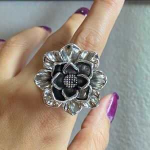 S925 Silver Chunky Flower Open Ring,Big Silver Heart Ring for Women girls